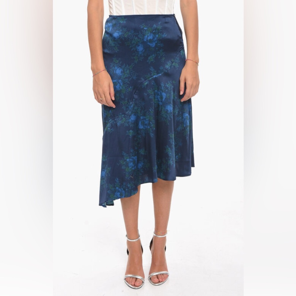 NWT Ganni asymmetrical navy floral-print bias cut silk skirt